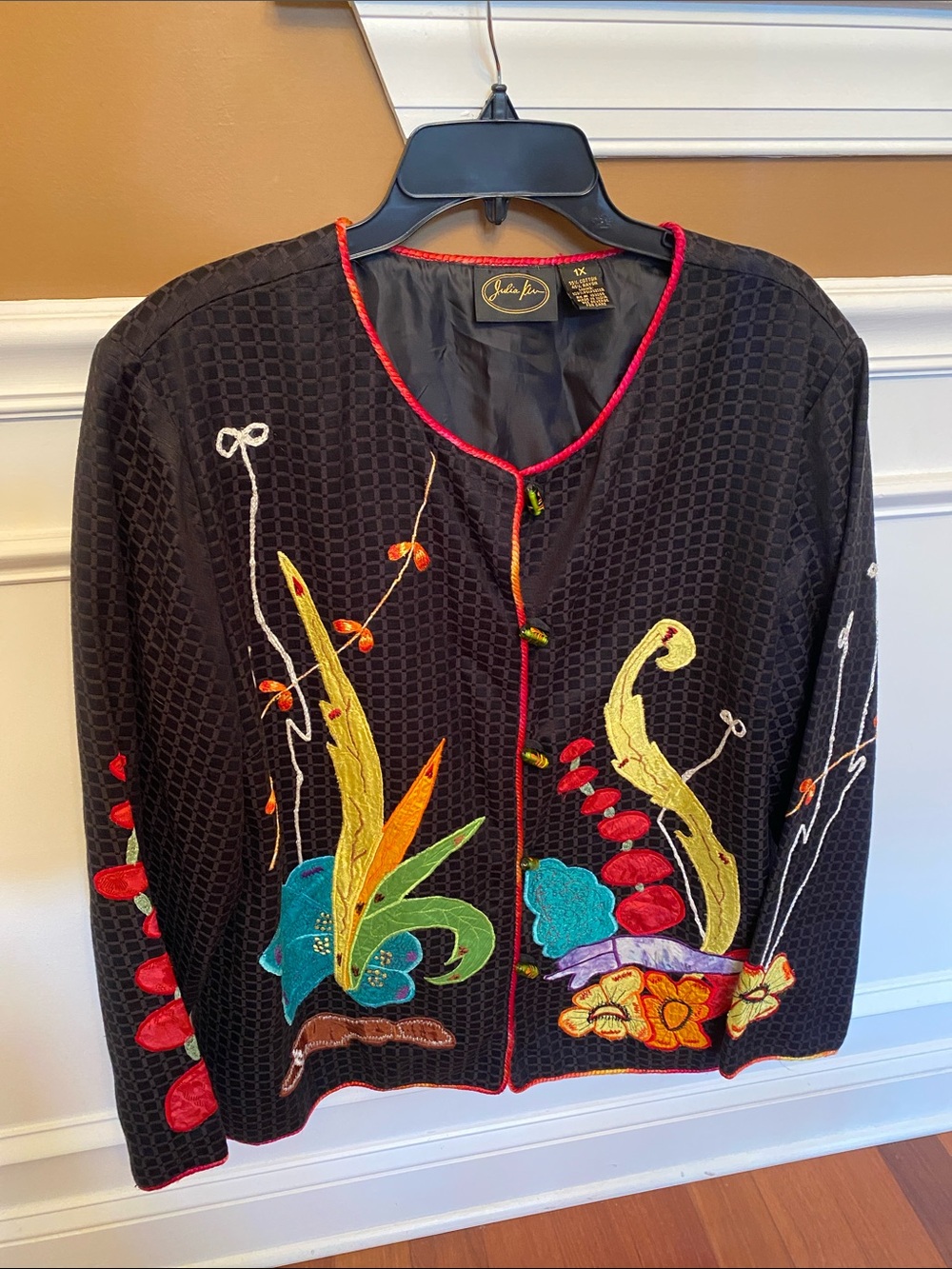 Julia Kim Vintage Black Embroidered Floral Jacket with Colorful Appliqué / Sz 1X
